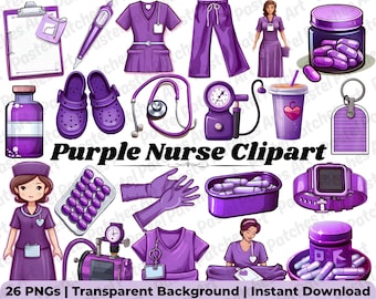 Purple Nurse Clipart Bundle | Medical Elements | Nurse Life Art (Digital Download)