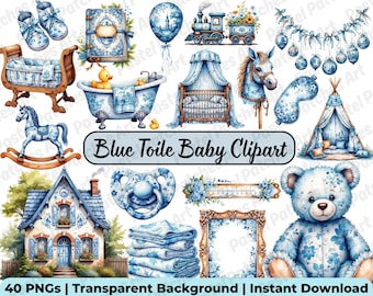 Blue Toile Baby Boy Clipart PNG Bundle, French Vintage Nursery Art, Baby Shower Graphics, Classic Blue Toile Scrapbook PNG, Commercial Use