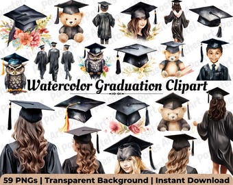 Watercolor Graduation Clipart PNG | Graduation Cap & Diploma Art Bundle | Digital Download for Invitations, Cards and Decor