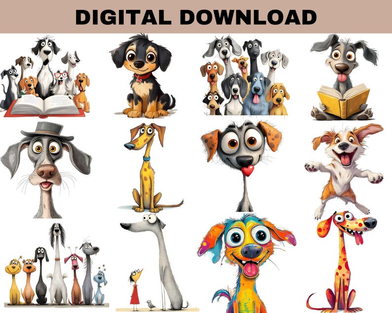 Quirky Dog Clipart PNG Bundle, Funny Pets Dog Clipart, Whimsical Dogs ...
