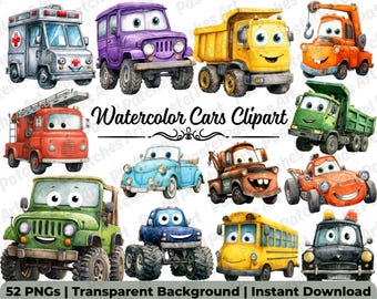 May include: Watercolor clipart featuring a collection of cartoon cars, including an ambulance, jeep, dump truck, tow truck, fire truck, and monster truck. The vehicles are in various colors, such as purple, yellow, green, and orange. The text "Watercolor Cars Clipart" is also present.