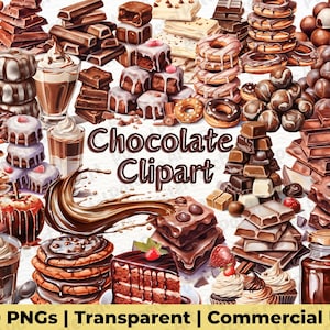 Op de afbeelding: Een verzameling chocolade-illustraties, waaronder brownies, donuts, cupcakes en chocoladerepen. De afbeelding bevat de tekst "Chocolate Clipart" en "230 PNGs | Transparent | Commercial Use". Het kleurenpalet wordt gedomineerd door bruin- en wittinten.