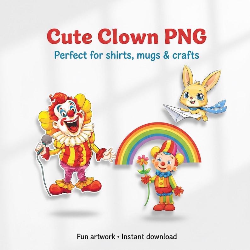 Peut inclure: Graphiques PNG de clowns de dessins anim&eacute;s color&eacute;s. L'image pr&eacute;sente un clown souriant avec un microphone, un arc-en-ciel, un clown tenant une fleur et un lapin avec un avion en papier. Le texte indique "Cute Clown PNG" et "Fun artwork &bull; Instant download."