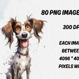 May include: A watercolor illustration of a cartoon dog with brown and white fur, wearing a brown collar. The dog has large, expressive eyes and its tongue is sticking out. Text on the image reads "80 PNG Images, 300 DPI, Each image between 4096 * 4096 pixels wide."