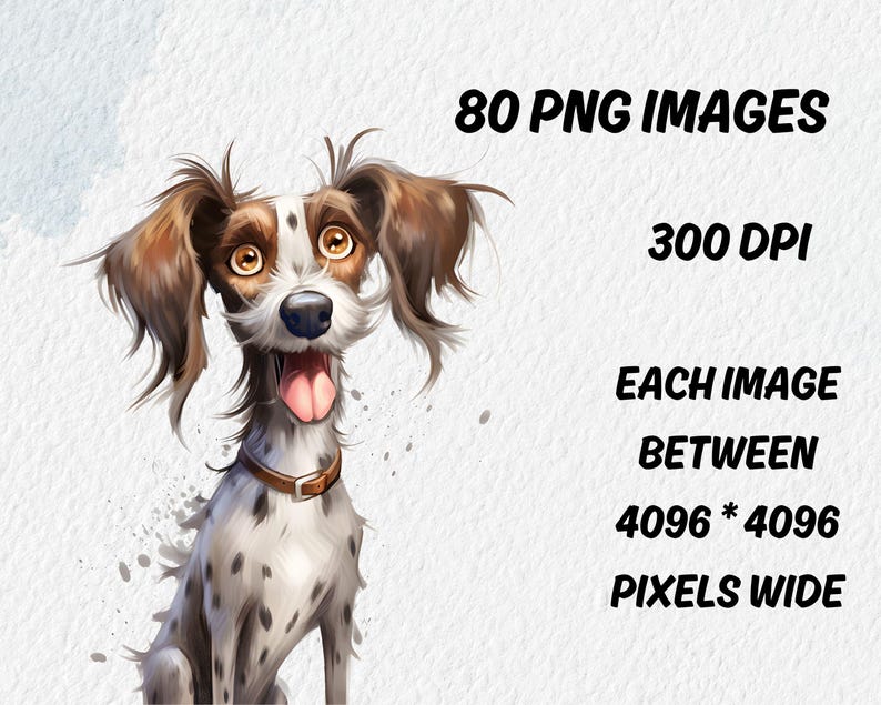 May include: A watercolor illustration of a cartoon dog with brown and white fur, wearing a brown collar. The dog has large, expressive eyes and its tongue is sticking out. Text on the image reads "80 PNG Images, 300 DPI, Each image between 4096 * 4096 pixels wide."
