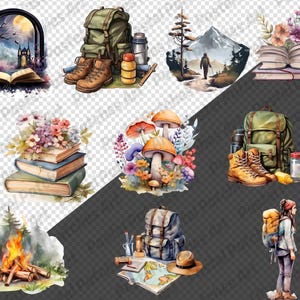 May include: Watercolour illustrations of outdoor adventure and fantasy themes. Images include a backpack, hiking boots, books, a campfire, mushrooms, a map, and a person hiking. The colour palette features greens, browns, and blues.