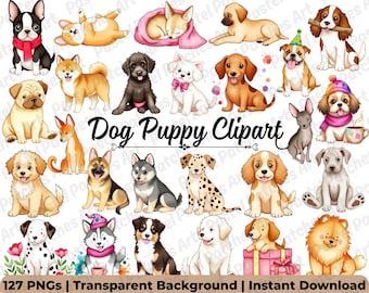 Peut inclure: Une collection d'images clipart de chiens et de chiots de style aquarelle. Les illustrations présentent diverses races, chacune avec des marques et des expressions uniques. Le texte "Dog Puppy Clipart" est affiché au centre. Le bas de l'image comprend du texte sur le fichier image.