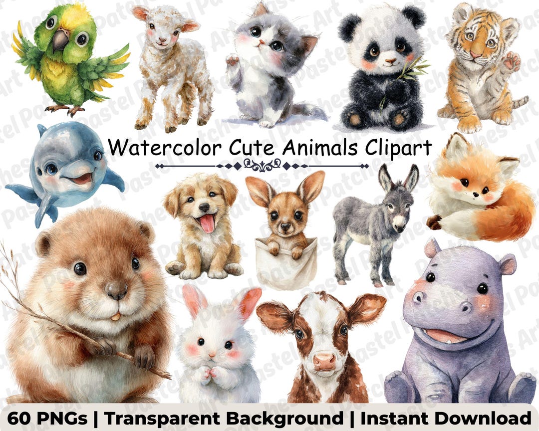 Cute Animal Clipart Bundle | 60 Watercolor Baby Animals PNG | Nursery ...