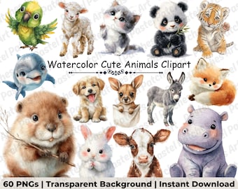 Cute Animal Clipart Bundle | 60 Watercolor Baby Animals PNG | Nursery Wall Art, Baby Shower Clipart, Printable Art | Commercial Use