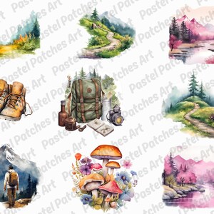 May include: A collection of watercolour illustrations depicting outdoor themes. The images feature hiking boots, a rucksack, a trail marker, a hiker, a path, a camera, mushrooms, and mountain scenery. The artwork uses soft pastel colours.