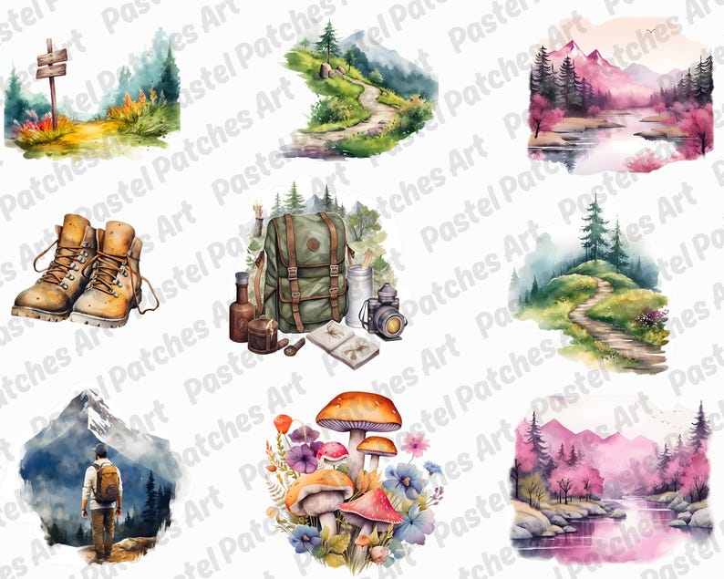 May include: A collection of watercolour illustrations depicting outdoor themes. The images feature hiking boots, a rucksack, a trail marker, a hiker, a path, a camera, mushrooms, and mountain scenery. The artwork uses soft pastel colours.