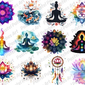 May include: A collection of watercolor illustrations featuring spiritual and meditative themes. The images include lotus flowers, mandalas, silhouettes of people meditating, and dream catchers. The color palette includes vibrant blues, purples, and oranges.