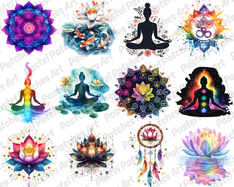 May include: A collection of watercolor illustrations featuring spiritual and meditative themes. The images include lotus flowers, mandalas, silhouettes of people meditating, and dream catchers. The color palette includes vibrant blues, purples, and oranges.