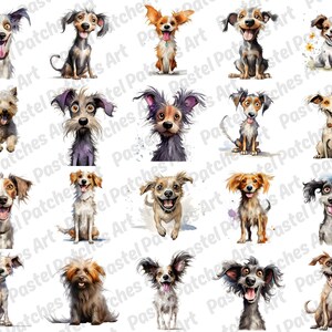 May include: A collection of watercolor illustrations of various dog breeds with expressive faces. The dogs are depicted in a whimsical style, with exaggerated features and playful poses. The color palette includes shades of brown, gray, and tan.