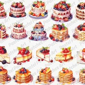 May include: Watercolor illustrations of various desserts, including cakes, pancakes, and cheesecake slices. The cakes are decorated with white frosting and fresh berries. The pancakes are drizzled with syrup and topped with berries. The cheesecake slices have berry toppings.