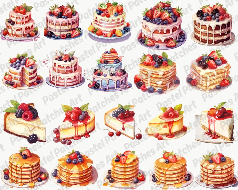May include: Watercolor illustrations of various desserts, including cakes, pancakes, and cheesecake slices. The cakes are decorated with white frosting and fresh berries. The pancakes are drizzled with syrup and topped with berries. The cheesecake slices have berry toppings.