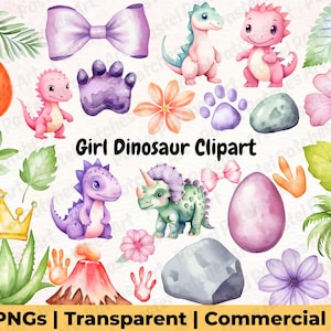 Girl Dinosaur Clipart I Watercolor Dinosaur Clipart I Girl Baby Dinosaur Png I Cute Dinosaur Clipart I Nursery Decor | Dino Party Clipart