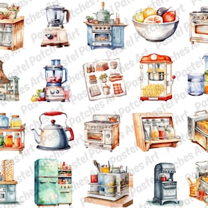 May include: Watercolor illustration of various kitchen appliances and items, including a blender, stove, kettle, and popcorn maker. The image features a variety of colors and a vintage aesthetic, with a focus on culinary themes.