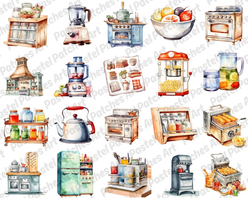 May include: Watercolor illustration of various kitchen appliances and items, including a blender, stove, kettle, and popcorn maker. The image features a variety of colors and a vintage aesthetic, with a focus on culinary themes.