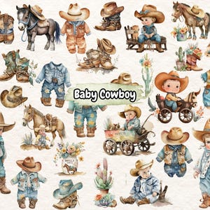 Western Baby Cowboy Clipart Bundle, Aquarell Junge & Pferd PNG, Kindergarten Sublimationskunst, Babyparty Download, kommerzielle Nutzung
