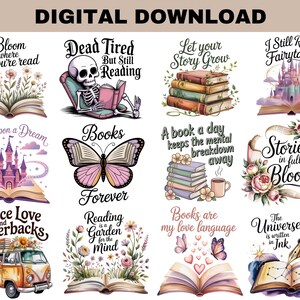May include: Digital download featuring various book-themed illustrations. Designs include open books with floral arrangements, a skeleton reading, stacks of books, a castle, a butterfly, a VW bus, and inspirational quotes.