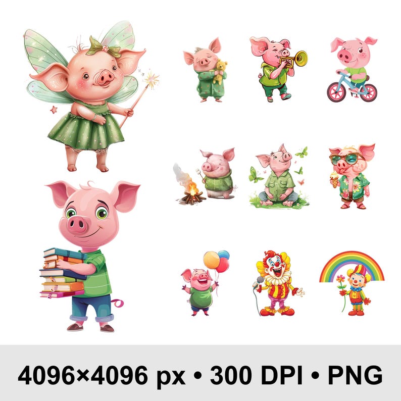 Peut inclure: Plusieurs illustrations fantaisistes de cochons de dessin anim&eacute; dans diverses situations. Un cochon est habill&eacute; en f&eacute;e, un autre fait du v&eacute;lo, et d'autres tiennent des livres, des ballons et une trompette. Les images sont color&eacute;es et ludiques.