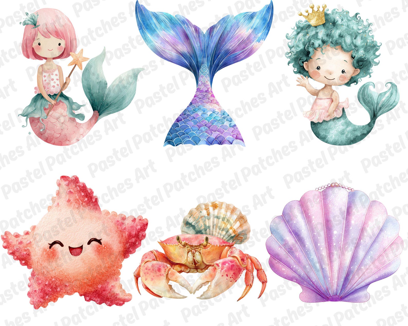 Cute Mermaid Clipart Bundle | Whimsical Watercolor Mermaid PNG ...