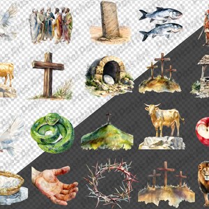 May include: Watercolor illustrations of religious symbols and scenes, including a cross, a dove, a snake, a lion, a crown of thorns, and a baby in a manger. The images are in various colors and styles.