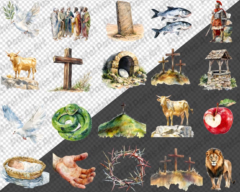May include: Watercolor illustrations of religious symbols and scenes, including a cross, a dove, a snake, a lion, a crown of thorns, and a baby in a manger. The images are in various colors and styles.