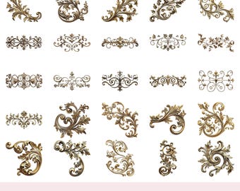 Imágenes prediseñadas de adornos de latón vintage (más de 40 PNG) / Elementos decorativos de oro antiguo / Adornos victorianos / Adornos elegantes PNG para uso comercial