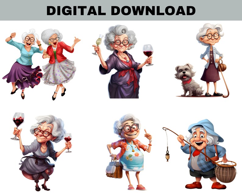 Funny Old Ladies Clipart Cute Cartoon Grandma PNG Happy Dancing Woman 