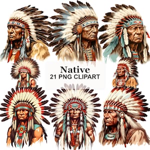 Op de afbeelding: Een verzameling van zeven digitale illustraties met inheemse Amerikaanse figuren die uitgebreide gevederde hoofdtooien dragen met rode, witte en zwarte accenten. De centrale tekst luidt Native 21 PNG CLIPART. Elk figuur toont gedetailleerde gelaatstrekken.
