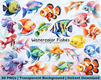 Cute Ocean Fish Clipart Bundle PNG, Aquarium Fish Bundle, Coastal Fish Stickers, Underwater Animals Digital Illustration