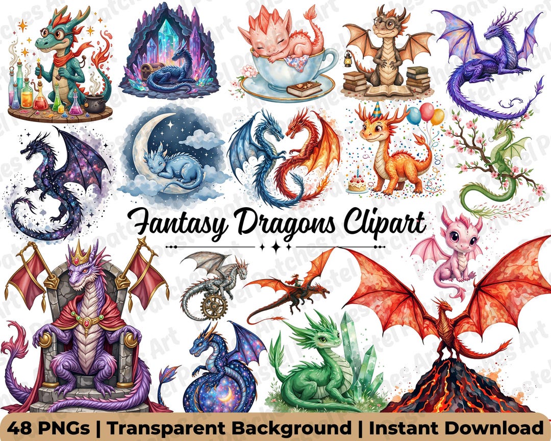 Fantasy Dragon Clipart Bundle | Cute Sleeping Baby Dragon Pngs | Kawaii ...