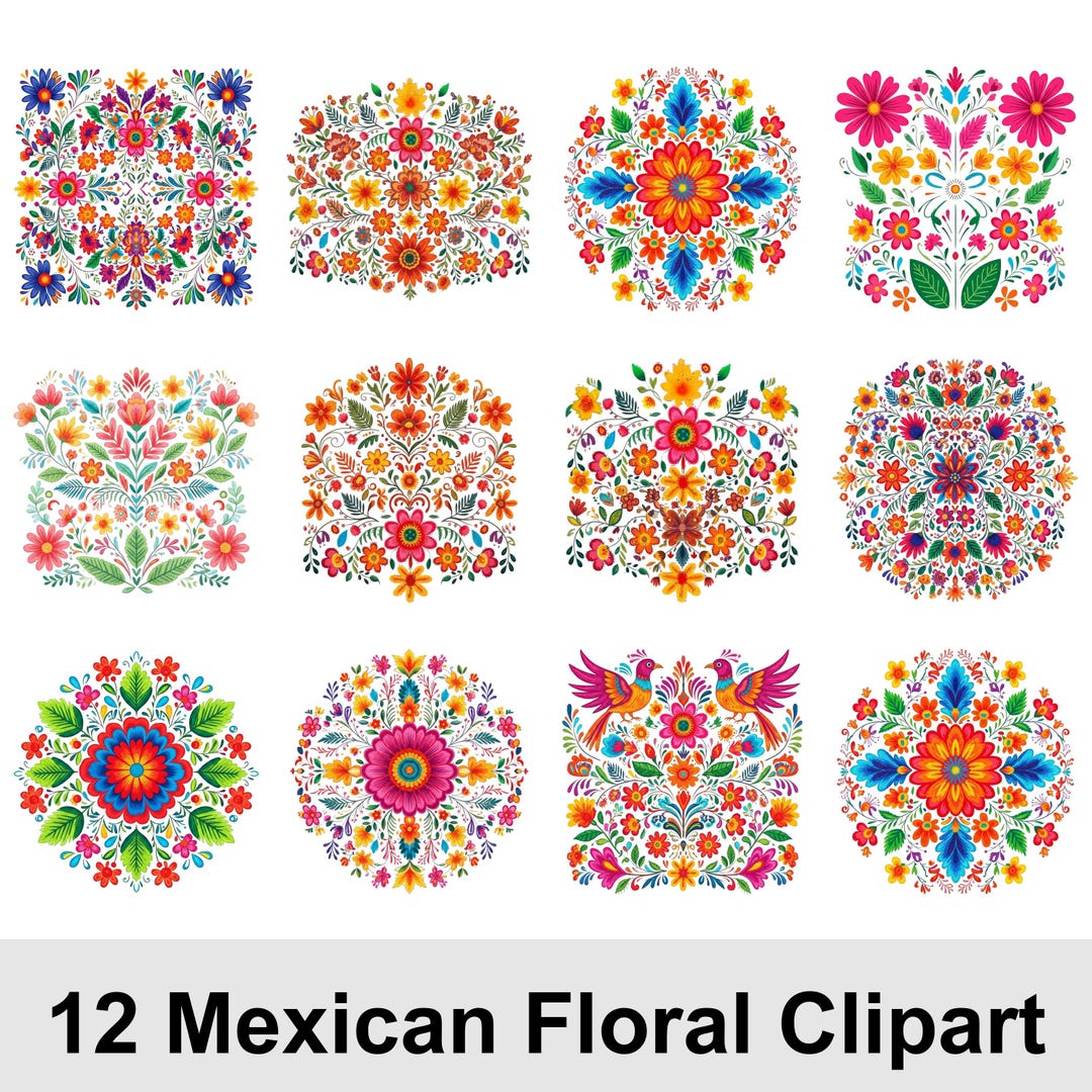 Mexican Fiesta Flowers Clipart Bundle | Vibrant Mexican Folk Art Floral ...