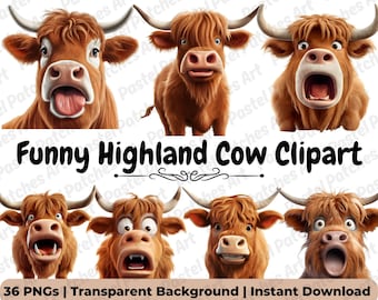 Lustig Highland Kuh Clipart | Niedliche Bauernhof Tiere PNG Kunst für Kinder & Bastler | Schrullige rustikale lustige Kühe Dekor digitaler Download