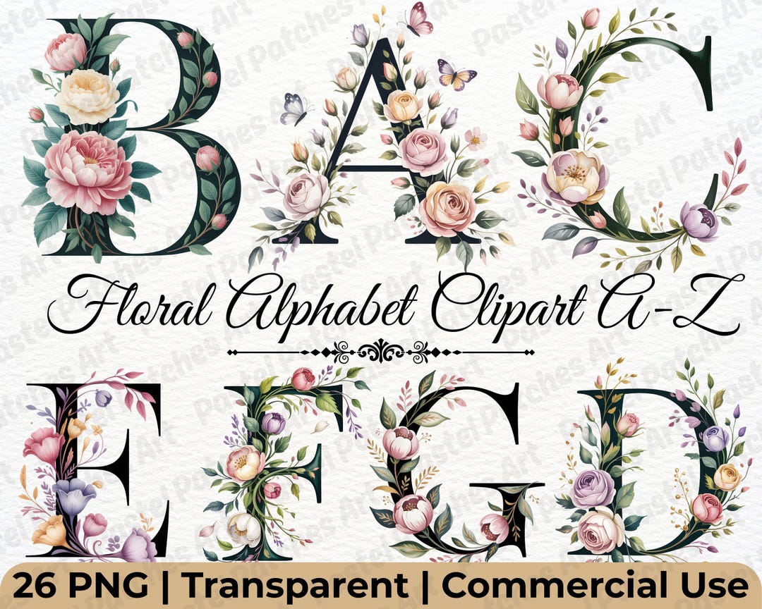 Watercolor Floral Alphabet PNG Bundle, Elegant Monogram Letters Clipart ...