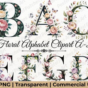 Blumen Alphabet Clipart Bundle | Aquarell Buchstaben PNGs für kommerzielle Nutzung | Druckbare Monogramm Buchstaben für Goodnotes, Einladungen