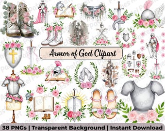 Armor of God Clipart, Full Armor of God Warrior, Christian Png, Floral Roses Commercial Use (Digital Download)