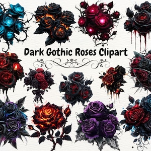Dark Gothic Roses Clipart PNG, Valentine&#39;s Day Png Design, Gothic Floral Watercolor Art, Black Rose Clipart, Magical Dark Fantasy Flowers