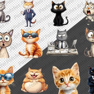 Op de afbeelding: Een verzameling cartoon kat illustraties in verschillende poses en stijlen. Sommige katten dragen een zonnebril, pakken of hebben verraste uitdrukkingen. Het kleurenpalet omvat oranje, zwart, grijs en bruin.