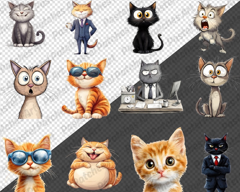Op de afbeelding: Een verzameling cartoon kat illustraties in verschillende poses en stijlen. Sommige katten dragen een zonnebril, pakken of hebben verraste uitdrukkingen. Het kleurenpalet omvat oranje, zwart, grijs en bruin.