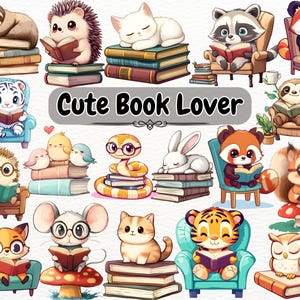 かわいい動物が本を読んでいるクリップアート、読書のクリップアート、かわいい本好きのクリップアート、面白い本の虫オタクの漫画イラスト、動物のクリップアート