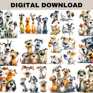 May include: A digital download featuring a collection of watercolor illustrations of various dog breeds. The dogs are depicted in a cartoon style, with a range of colors and expressions. The text "DIGITAL DOWNLOAD" is at the top.