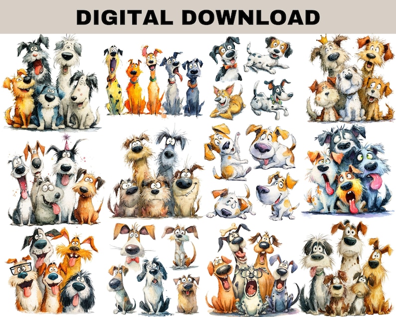 May include: A digital download featuring a collection of watercolor illustrations of various dog breeds. The dogs are depicted in a cartoon style, with a range of colors and expressions. The text "DIGITAL DOWNLOAD" is at the top.