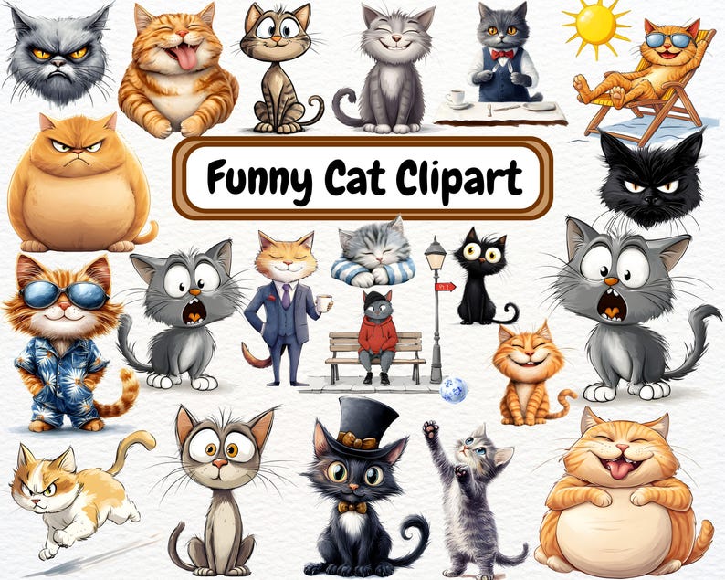Op de afbeelding: Een verzameling cartoon kat illustraties in verschillende poses en uitdrukkingen. De katten zijn afgebeeld in verschillende kleuren en stijlen, sommige dragen kleding en accessoires. De tekst "Funny Cat Clipart" wordt weergegeven in een bruine banner.