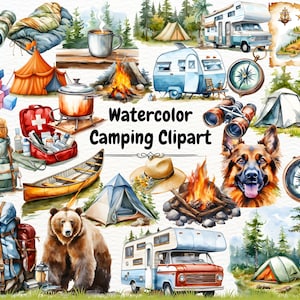 Imágenes prediseñadas de camping, fogatas PNG, imágenes prediseñadas de aventuras, ilustraciones de camping, imágenes prediseñadas al aire libre, viajes PNG, autocaravana de acuarela, camping lindo
