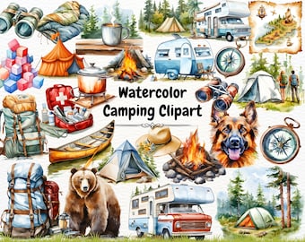 Camping Clipart, Campfire Png, Adventure Clipart, Campsite Illustrations, Outdoor Clipart, Travel Png, Watercolor Camper, Cute Camping