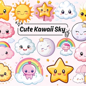 May include: A collection of cute, cartoon-style illustrations featuring celestial and weather-related elements. Includes smiling stars, suns, clouds, rainbows, and moons. The phrase "Cute Kawaii Sky" is written in black text.