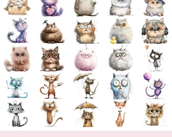 Zestaw oryginalnych klipartów z kotami, zabawne akwarelowe koty, zabawne obrazy PNG z kotami do scrapbookingu i dziennika śmieci | Cyfrowe kliparty do użytku komercyjnego